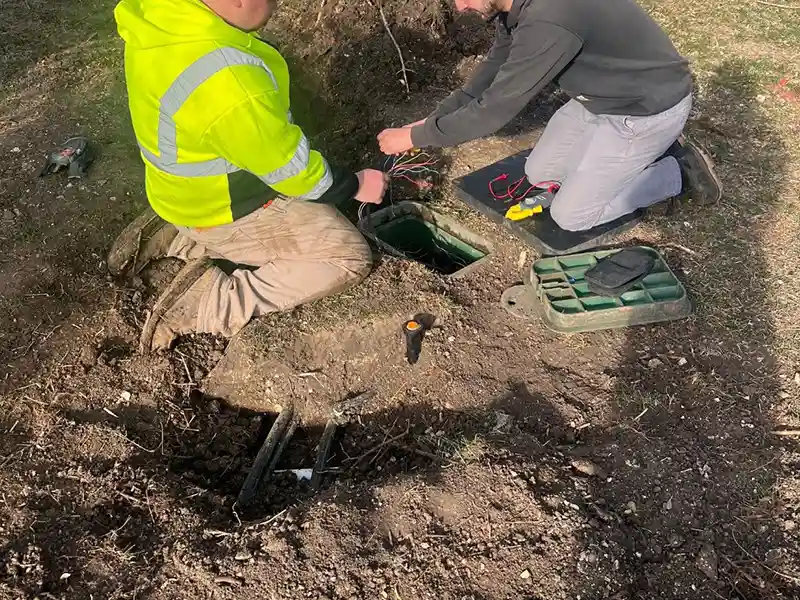 Workers checking the wiring of an irrigation system